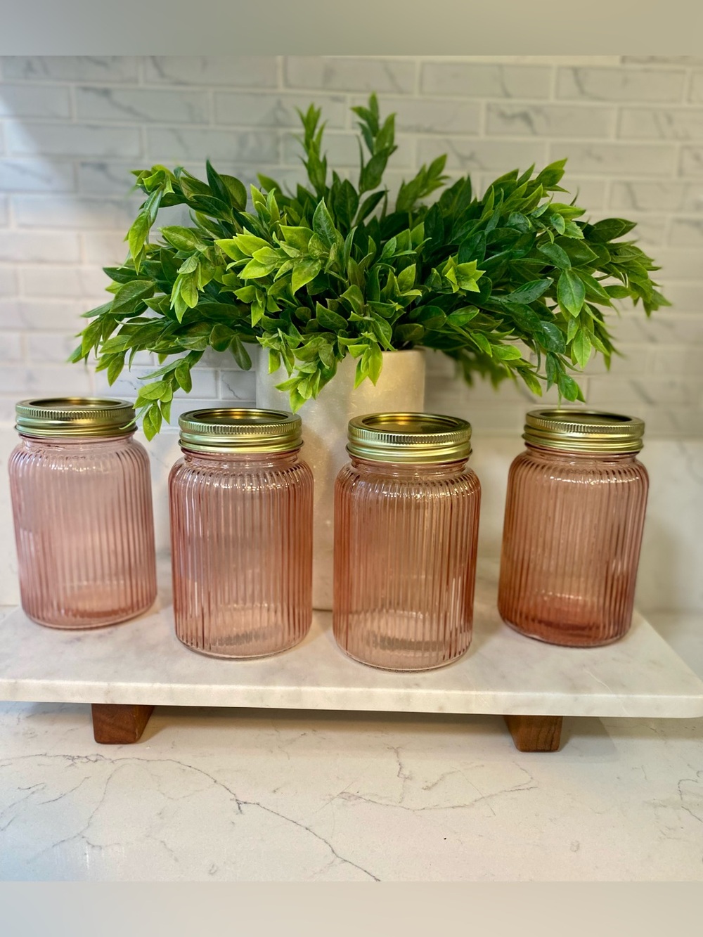 Set of 4 Pink Ribbed Glass Jars with Gold Lids